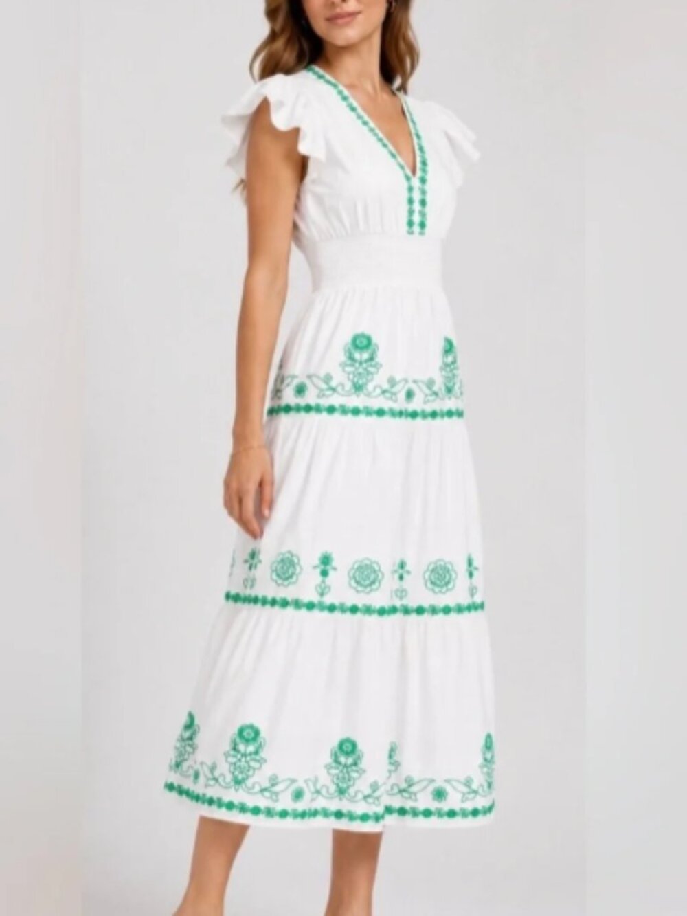 Adrianna Papell- Embroidered Smocked Waist Cotton Maxi Dress